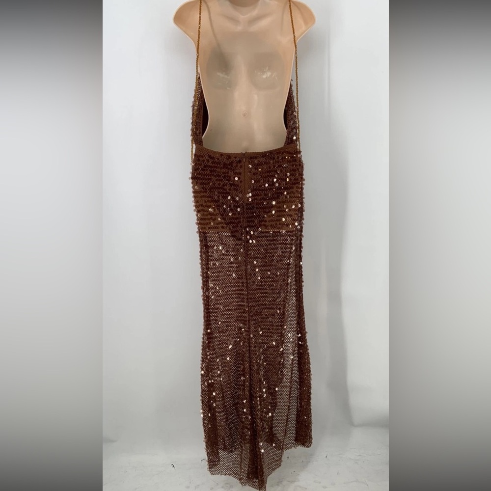 12th Tribe Bellagio Sequin Mesh Bronze Maxi Dress Cut Out Festival Size Large - Picture 5 of 7